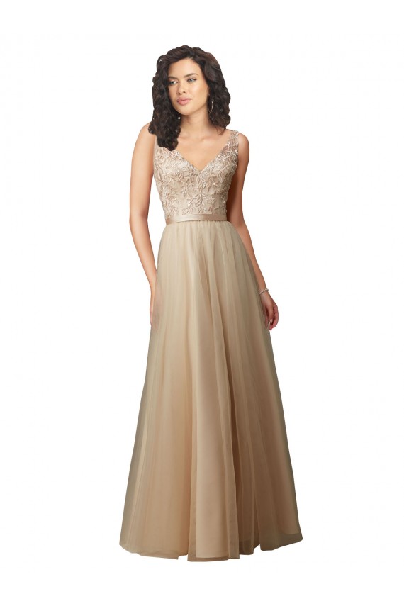 Long Champagne Sleeveless A-Line V-Back Bridesmaid Dress Leeds