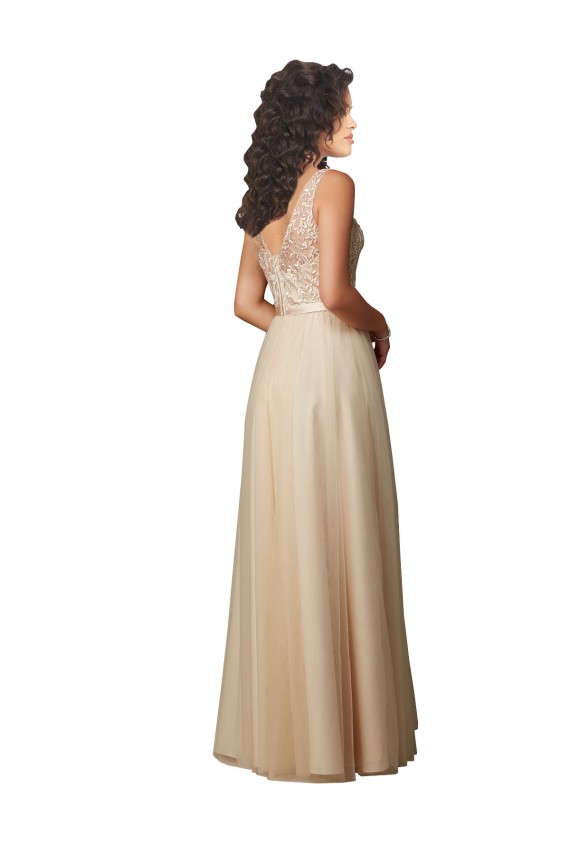 Long Champagne Sleeveless A-Line V-Back Bridesmaid Dress Leeds