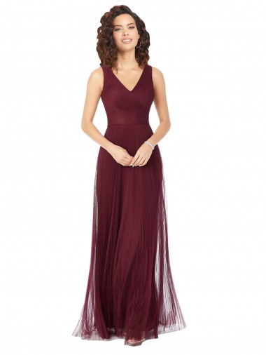 Long Burgundy Gold Sleeveless A-Line Tulle Bridesmaid Dress Leeds