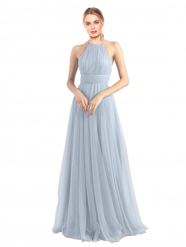 Long Light Sky Blue Sleeveless A-Line Open Back Bridesmaid Dress Leeds