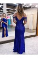 Long Royal Blue Sleeveless Sheath Velvet Sequin Prom Dress / Evening Dress Leeds