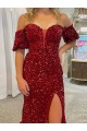 Court Train Red Short Sleeves Sheath Velvet Sequin Prom Dress / Evening Dress Leeds