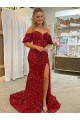 Court Train Red Short Sleeves Sheath Velvet Sequin Prom Dress / Evening Dress Leeds