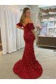 Court Train Red Short Sleeves Sheath Velvet Sequin Prom Dress / Evening Dress Leeds