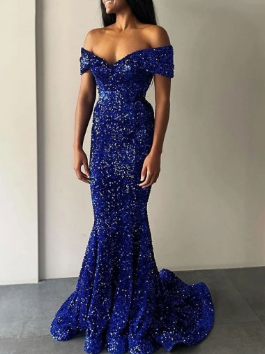 Sweep Train Royal Blue Sleeveless Mermaid Velvet Sequin Prom Dress Leeds