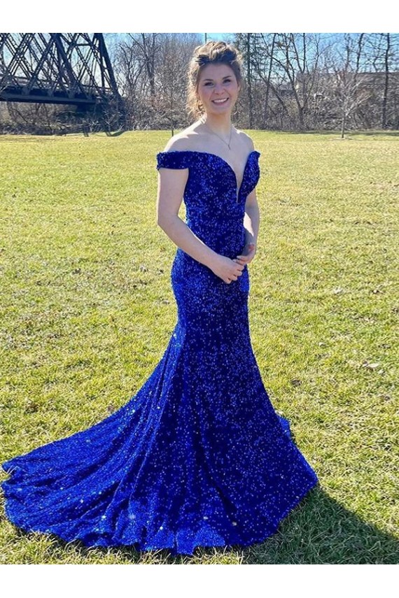 Sweep Train Royal Blue Sleeveless Sheath Velvet Sequin Prom Dress Leeds