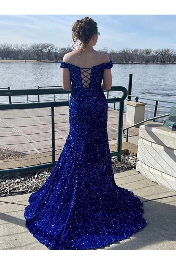 Sweep Train Royal Blue Sleeveless Sheath Velvet Sequin Prom Dress Leeds