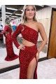 Sweep Train Burgundy Long Sleeves Mermaid Velvet Sequin Evening Dress Leeds