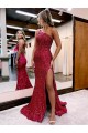 Sweep Train Burgundy Sleeveless Mermaid Velvet Sequin Prom Dress / Evening Dress Leeds