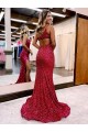 Sweep Train Burgundy Sleeveless Mermaid Velvet Sequin Prom Dress / Evening Dress Leeds