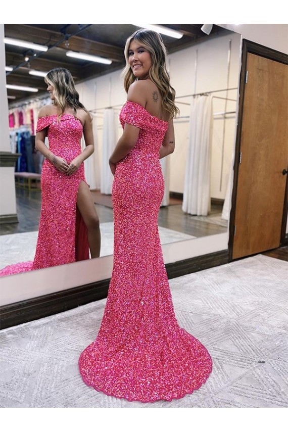 Sweep Train Fuchsia Sleeveless Sheath Velvet Sequin Prom Dress / Evening Dress Leeds
