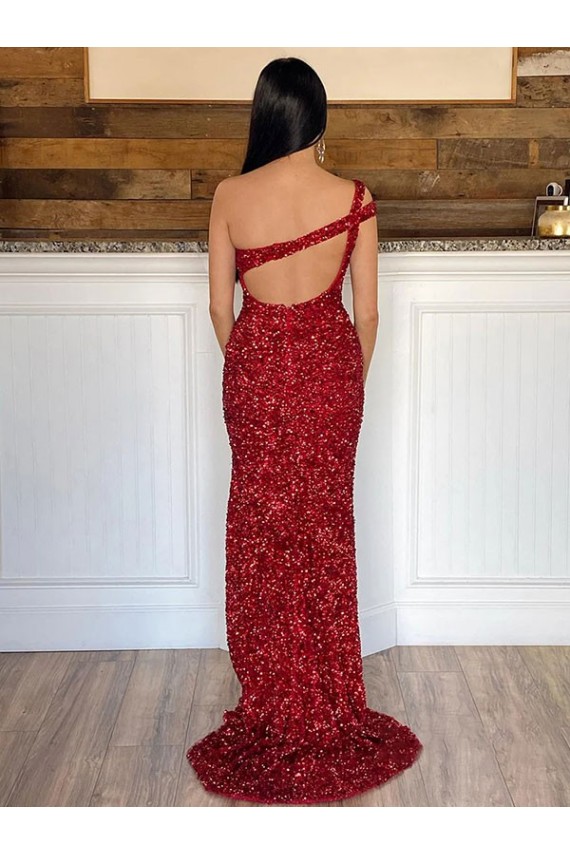 Sweep Train Burgundy Sleeveless Sheath Velvet Sequin Prom Dress Leeds