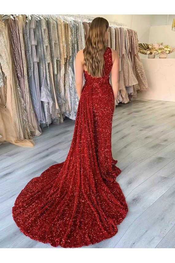 Court Train Burgundy Sleeveless Sheath Velvet Sequin Prom Dress Leeds