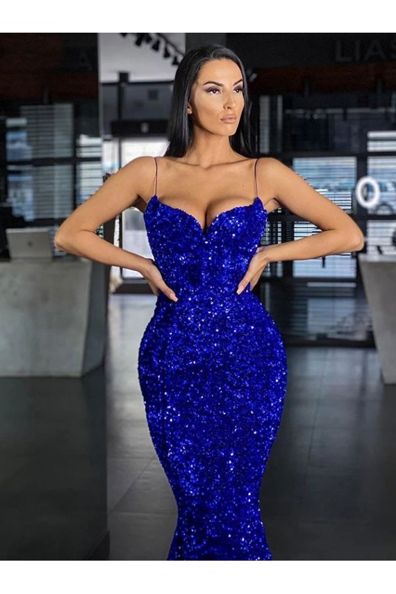 Sweep Train Royal Blue Mermaid Velvet Sequin Prom Dress / Evening Dress Leeds
