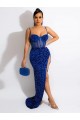 Sweep Train Royal Blue Sleeveless Sheath Velvet Sequin Evening Dress Leeds