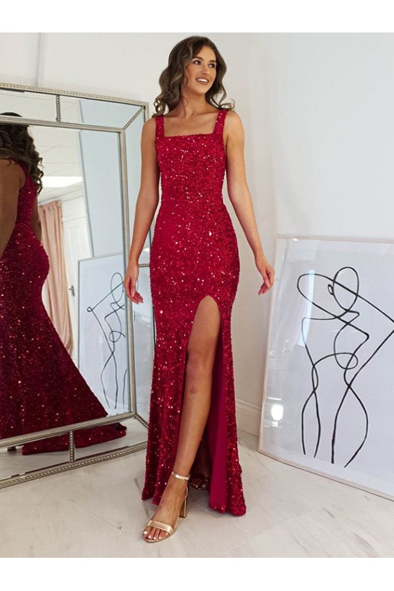Long Burgundy Sleeveless Sheath Velvet Sequin Prom Dress Leeds