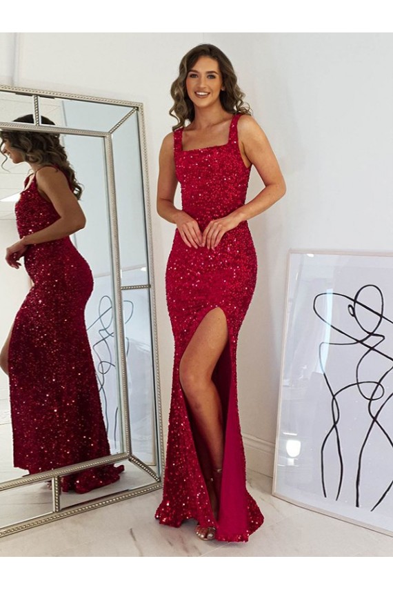 Long Burgundy Sleeveless Sheath Velvet Sequin Prom Dress Leeds