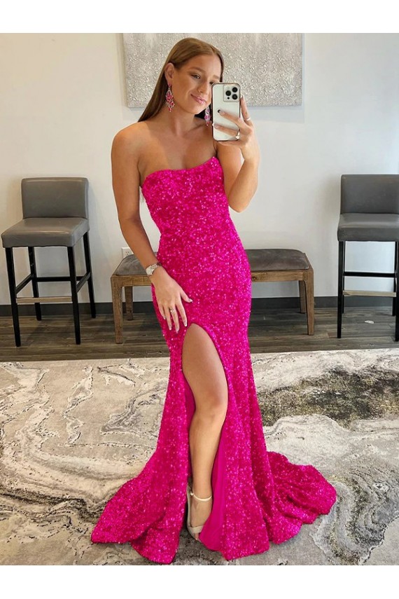 Sweep Train Fuchsia Sleeveless Sheath Velvet Sequin Prom Dress Leeds