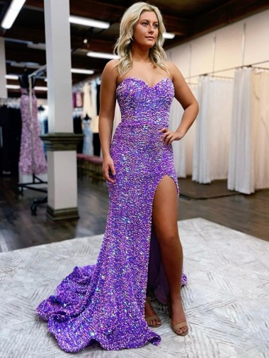 Court Train Lavender Sleeveless A-Line Velvet Sequin Prom Dress / Evening Dress Leeds