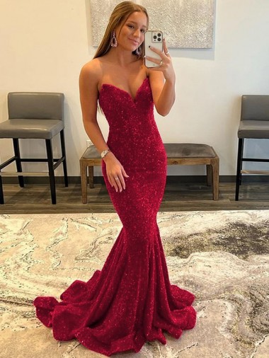 Sweep Train Burgundy Sleeveless Sheath Velvet Sequin Prom Dress / Evening Dress Leeds