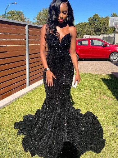 Long Black Sleeveless Mermaid Velvet Sequin Prom Dress Leeds