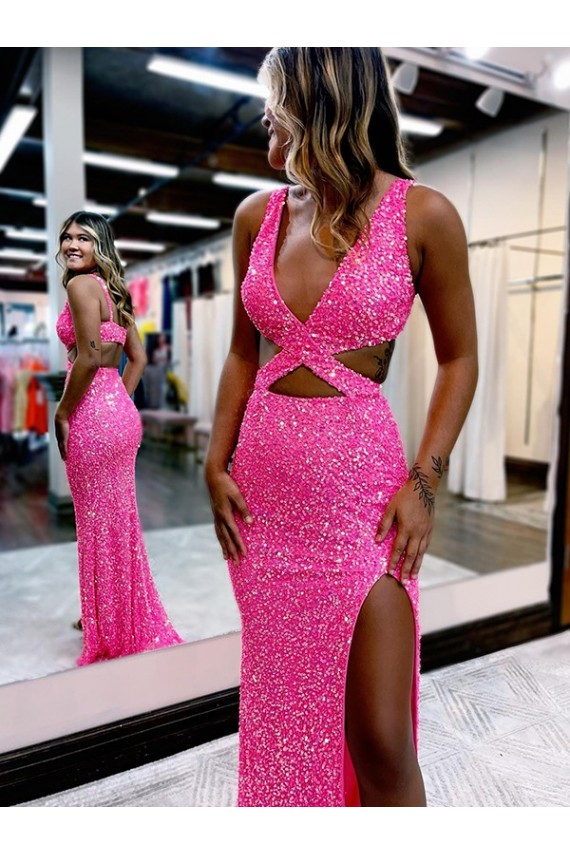 Long Sweep Train Sleeveless Sheath Velvet Sequin Evening Dress Leeds