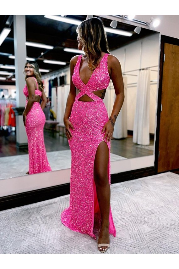 Long Sweep Train Sleeveless Sheath Velvet Sequin Evening Dress Leeds