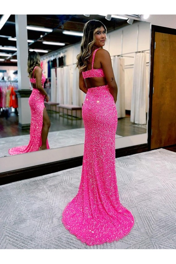Long Sweep Train Sleeveless Sheath Velvet Sequin Evening Dress Leeds