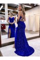 Sweep Train Royal Blue Sleeveless Sheath Velvet Sequin Evening Gown Leeds