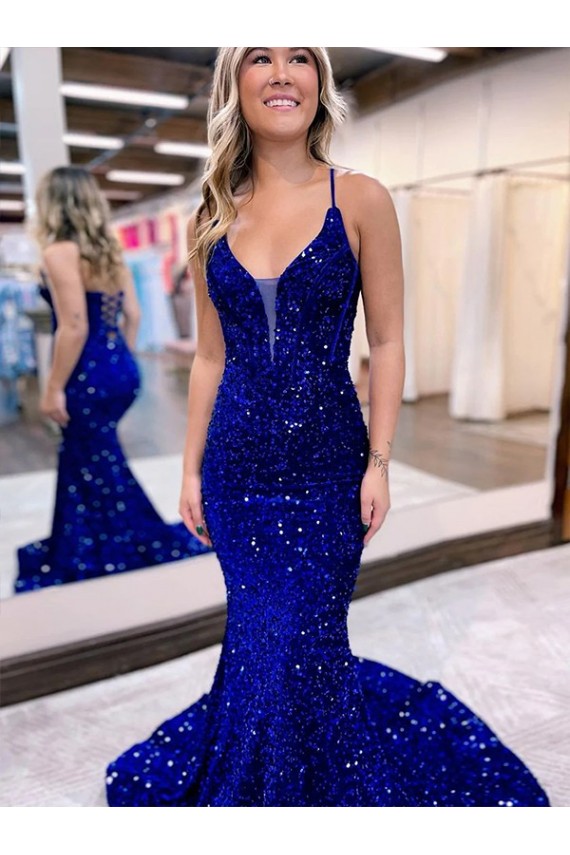 Court Train Royal Blue Sleeveless Mermaid Velvet Sequin Prom Dress Leeds