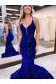 Court Train Royal Blue Sleeveless Mermaid Velvet Sequin Prom Dress Leeds