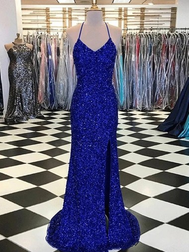 Sweep Train Royal Blue Sleeveless Sheath Velvet Sequin Prom Dress / Evening Dress Leeds