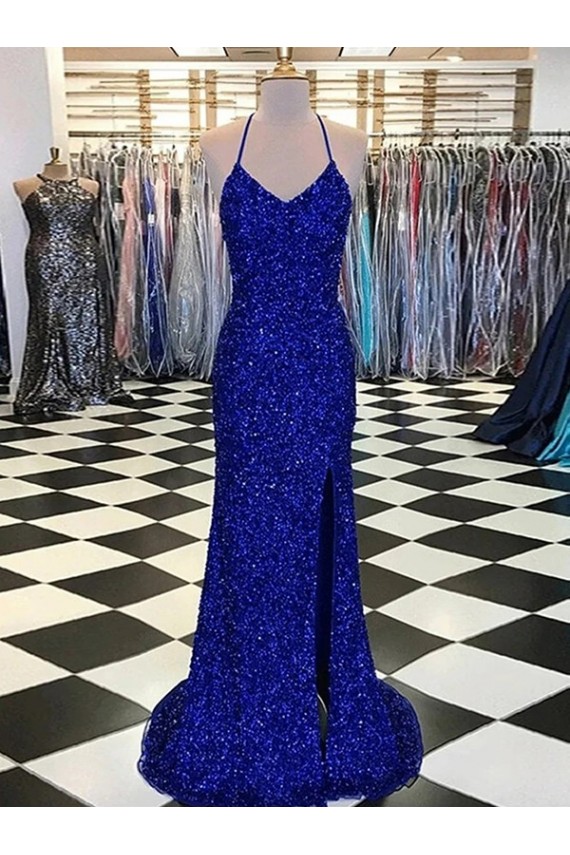 Sweep Train Royal Blue Sleeveless Sheath Velvet Sequin Prom Dress / Evening Dress Leeds