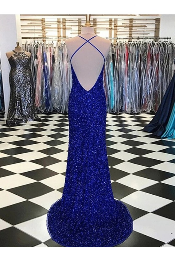 Sweep Train Royal Blue Sleeveless Sheath Velvet Sequin Prom Dress / Evening Dress Leeds