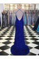 Sweep Train Royal Blue Sleeveless Sheath Velvet Sequin Prom Dress / Evening Dress Leeds