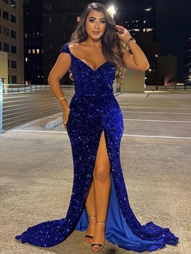 Sweep Train Royal Blue Sleeveless Sheath Velvet Sequin Dress Leeds