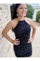 Short Black Sleeveless Sheath Velvet Sequin Prom Dress Leeds