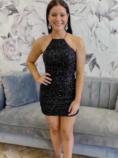Short Black Sleeveless Sheath Velvet Sequin Prom Dress Leeds