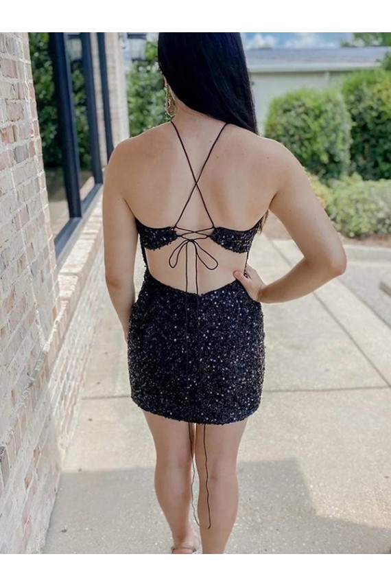 Short Black Sleeveless Sheath Velvet Sequin Prom Dress Leeds