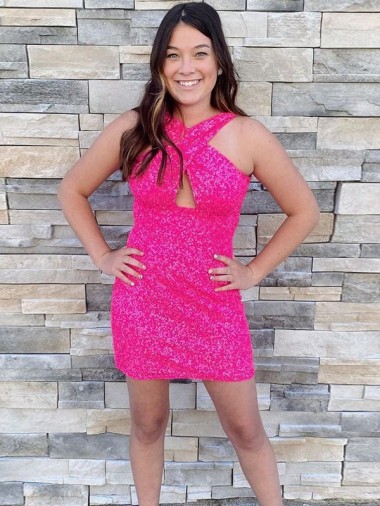 Short Fuchsia Sleeveless Sheath Velvet Sequin Prom Dress Leeds