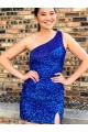 Short Royal Blue Sleeveless Sheath Velvet Sequin Evening Dresses Leeds