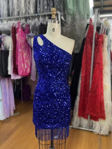 Short Royal Blue Sleeveless Sheath Velvet Sequin Evening Gowns Leeds