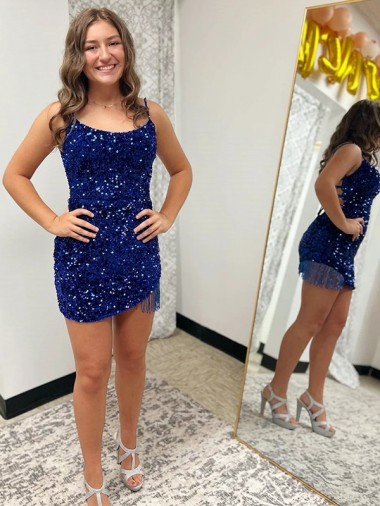 Short Royal Blue Sleeveless Sheath Velvet Sequin Dress Leeds