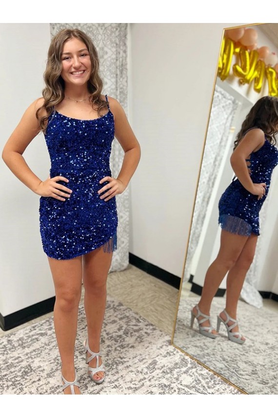Short Royal Blue Sleeveless Sheath Velvet Sequin Dress Leeds