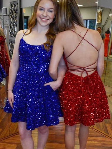 Short Royal Blue Sleeveless A-Line Velvet Sequin Prom Dress Leeds