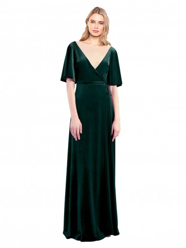 Long Dark Green Flutter Sleeves A-Line V-Back Prom Dress / Bridesmaid Dress Leeds