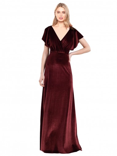 Long Burgundy Flutter Sleeves A-Line V-Back Prom Dress / Bridesmaid Dress Leeds