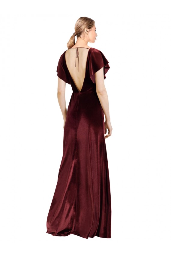 Long Burgundy Flutter Sleeves A-Line V-Back Prom Dress / Bridesmaid Dress Leeds