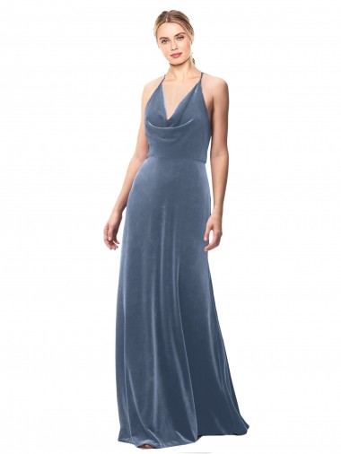 Long Dusty Blue Sleeveless A-Line Keyhole Back Prom Dress / Bridesmaid Dress Leeds