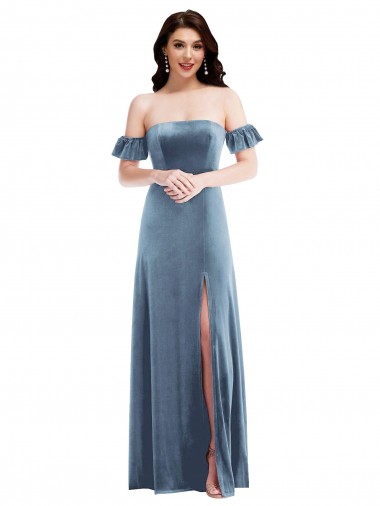 Long Dusty Blue Ruffle Sleeves A-Line Low Back Formal Dress / Bridesmaid Dress Leeds